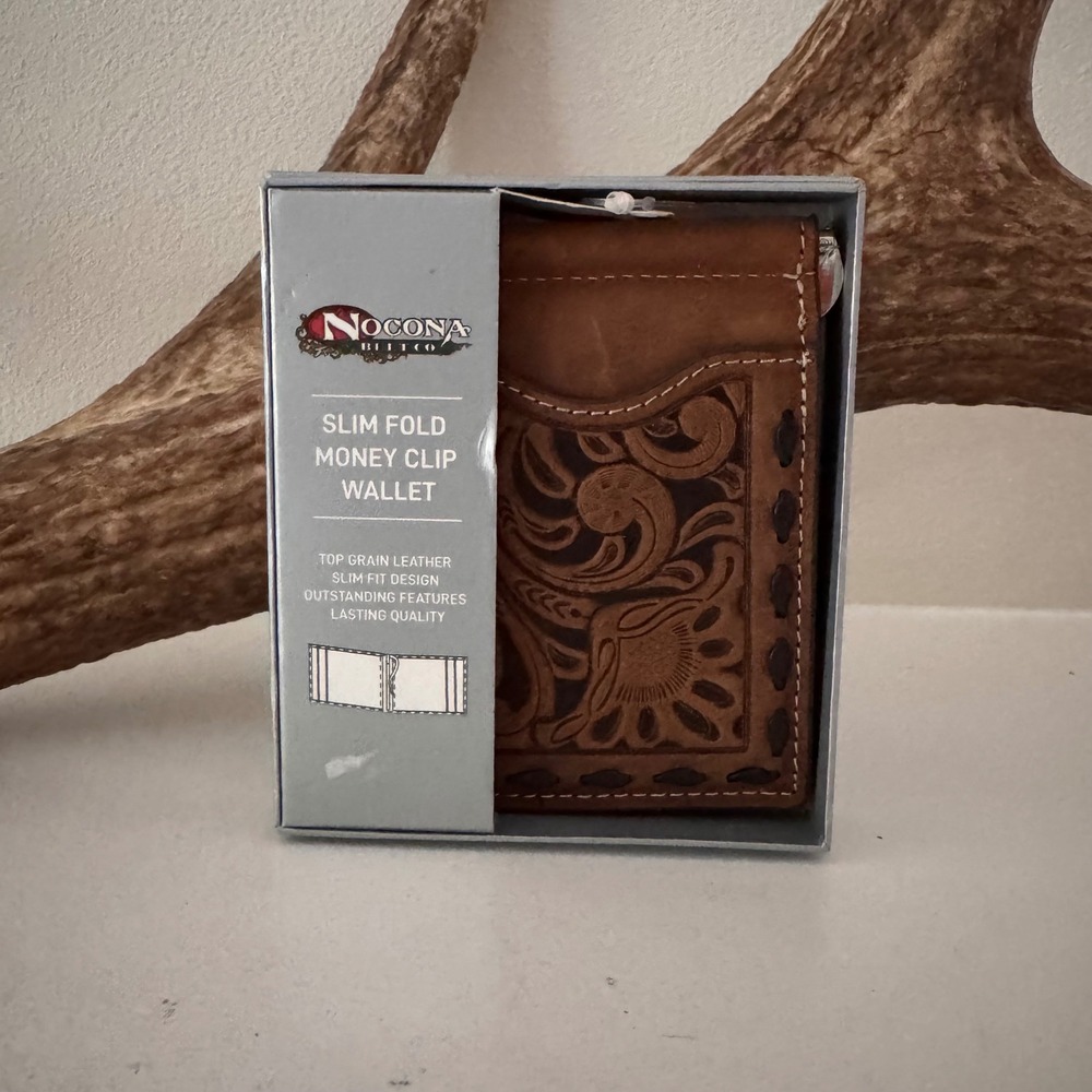 Nocona Mens Slim Fold Money Clip Wallet Brown Tooled Leather Western N5415602